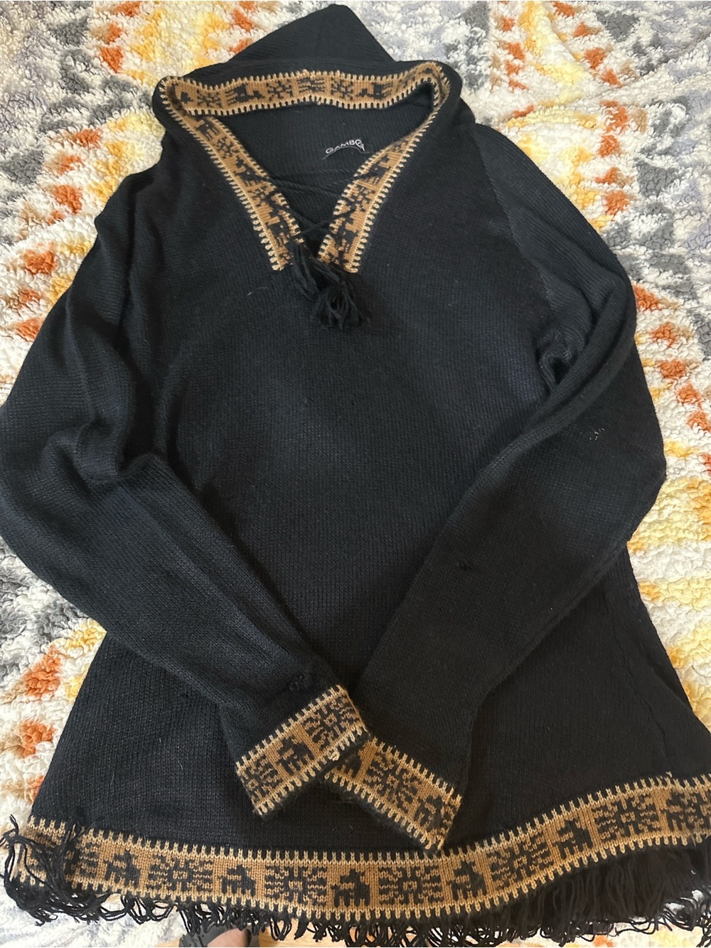 Gamboa Alpaca Wool Sweater Poncho Black Tribal Fringe Peru M/L